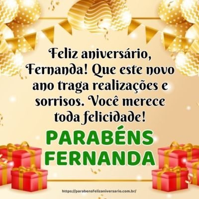Feliz aniversário, Fernanda! Que este novo ano traga realizações e sorrisos. Você merece toda felicidade! Feliz aniversário, Fernanda! Que este novo ano traga realizações e sorrisos. Você merece toda felicidade!