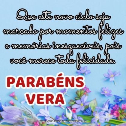 Parabéns Vera! Que este novo ciclo seja marcado por momentos felizes e memórias inesquecíveis, pois você merece toda felicidade. Parabéns Vera! Que este novo ciclo seja marcado por momentos felizes e memórias inesquecíveis, pois você merece toda felicidade.
