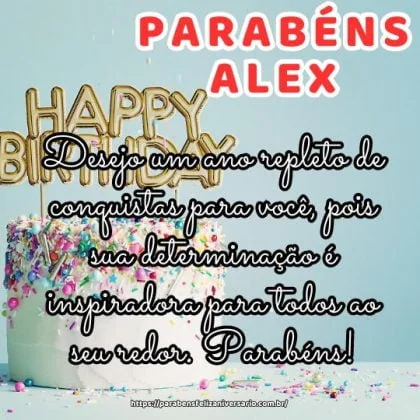 Feliz aniversário Alex! Desejo um ano repleto de conquistas para você, pois sua determinação é inspiradora para todos ao seu redor. Parabéns!