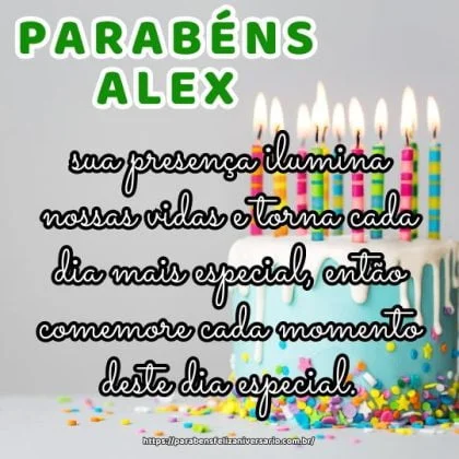 Parabéns Alex pelo seu aniversário, sua presença ilumina nossas vidas e torna cada dia mais especial, então comemore cada momento deste dia especial.