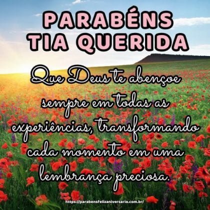 Parabéns tia, que Deus te abençoe sempre em todas as experiências, transformando cada momento em uma lembrança preciosa. Parabéns tia, que Deus te abençoe sempre em todas as experiências, transformando cada momento em uma lembrança preciosa.