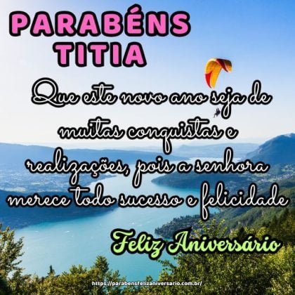 Parabéns, titia amada! Que este novo ano seja de muitas conquistas e realizações, pois a senhora merece todo sucesso e felicidade. Muitas felicidades! Parabéns, titia amada! Que este novo ano seja de muitas conquistas e realizações, pois a senhora merece todo sucesso e felicidade. Muitas felicidades!