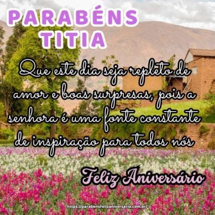 Titia, feliz aniversário! Que este dia seja repleto de amor e boas surpresas, pois a senhora é uma fonte constante de inspiração para todos nós. Parabéns e muitas alegrias! Titia, feliz aniversário! Que este dia seja repleto de amor e boas surpresas, pois a senhora é uma fonte constante de inspiração para todos nós. Parabéns e muitas alegrias!