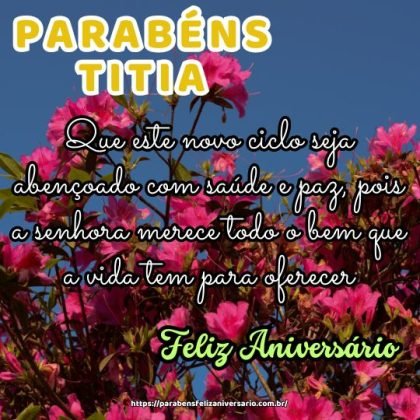 Parabéns, titia querida! Que este novo ciclo seja abençoado com saúde e paz, pois a senhora merece todo o bem que a vida tem para oferecer. Feliz aniversário! Parabéns, titia querida! Que este novo ciclo seja abençoado com saúde e paz, pois a senhora merece todo o bem que a vida tem para oferecer. Feliz aniversário!