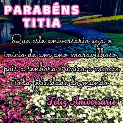 Parabéns, titia especial! Que este aniversário seja o início de um ano maravilhoso, pois a senhora é única e merece toda felicidade do mundo. Parabéns, titia especial! Que este aniversário seja o início de um ano maravilhoso, pois a senhora é única e merece toda felicidade do mundo.