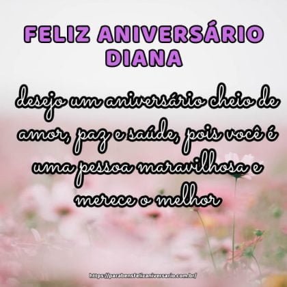 Diana, desejo um aniversário cheio de amor, paz e saúde, pois você é uma pessoa maravilhosa e merece o melhor. Diana, desejo um aniversário cheio de amor, paz e saúde, pois você é uma pessoa maravilhosa e merece o melhor.