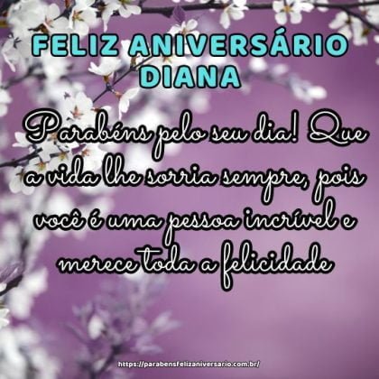 Diana, parabéns pelo seu dia! Que a vida lhe sorria sempre, pois você é uma pessoa incrível e merece toda a felicidade. Feliz aniversário! Diana, parabéns pelo seu dia! Que a vida lhe sorria sempre, pois você é uma pessoa incrível e merece toda a felicidade. Feliz aniversário!
