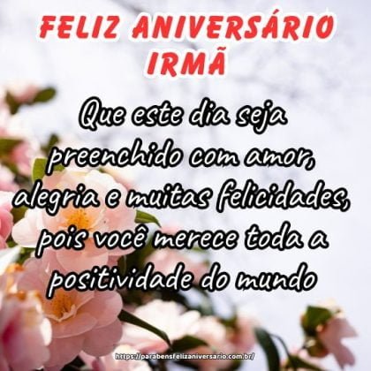 Feliz aniversário, minha irmã que tanto amo! Que este dia seja preenchido com amor, alegria e muitas felicidades, pois você merece toda a positividade do mundo. Feliz aniversário, minha irmã que tanto amo! Que este dia seja preenchido com amor, alegria e muitas felicidades, pois você merece toda a positividade do mundo.