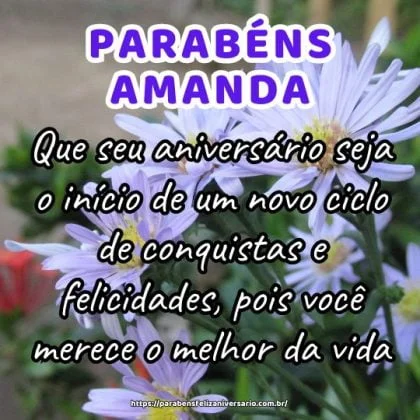 Parabéns Amanda! Que seu aniversário seja o início de um novo ciclo de conquistas e felicidades, pois você merece o melhor da vida.