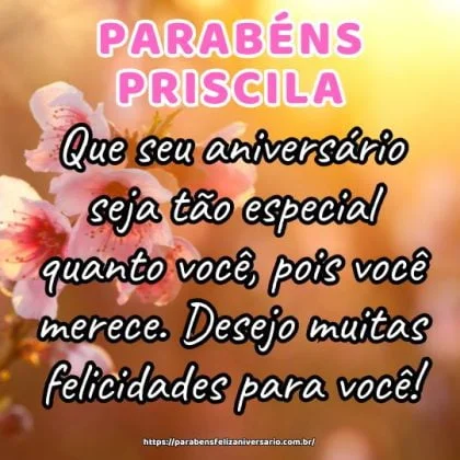 Querida Priscila, parabéns! Que seu aniversário seja tão especial quanto você, pois você merece. Desejo muitas felicidades para você!