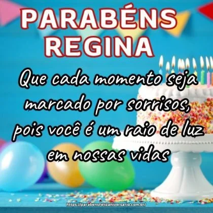 Parabéns Regina! Que cada momento seja marcado por sorrisos, pois você é um raio de luz em nossas vidas. Parabéns Regina! Que cada momento seja marcado por sorrisos, pois você é um raio de luz em nossas vidas.