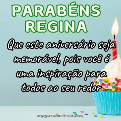 Parabéns Regina! Que este aniversário seja memorável, pois você é uma inspiração para todos ao seu redor. Parabéns Regina! Que este aniversário seja memorável, pois você é uma inspiração para todos ao seu redor.