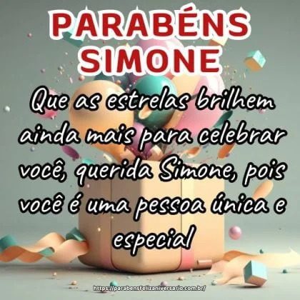 Que as estrelas brilhem ainda mais para celebrar você, querida Simone, pois você é uma pessoa única e especial. Parabéns pelo seu aniversário! Que as estrelas brilhem ainda mais para celebrar você, querida Simone, pois você é uma pessoa única e especial. Parabéns pelo seu aniversário!