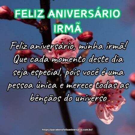 Feliz aniversário, minha irmã! Que cada momento deste dia seja especial, pois você é uma pessoa única e merece todas as bênçãos do universo. Feliz aniversário, minha irmã! Que cada momento deste dia seja especial, pois você é uma pessoa única e merece todas as bênçãos do universo.