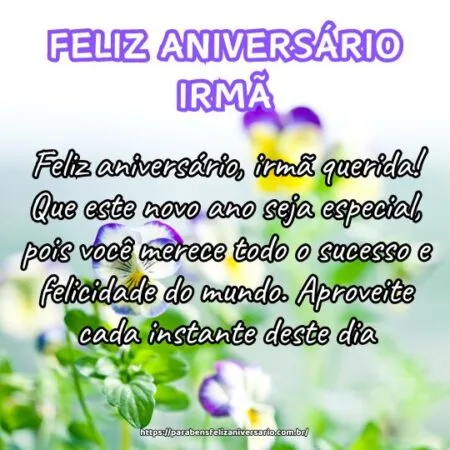 Feliz aniversário, irmã querida! Que este novo ano seja especial, pois você merece todo o sucesso e felicidade do mundo. Aproveite cada instante deste dia. Feliz aniversário, irmã querida! Que este novo ano seja especial, pois você merece todo o sucesso e felicidade do mundo. Aproveite cada instante deste dia.