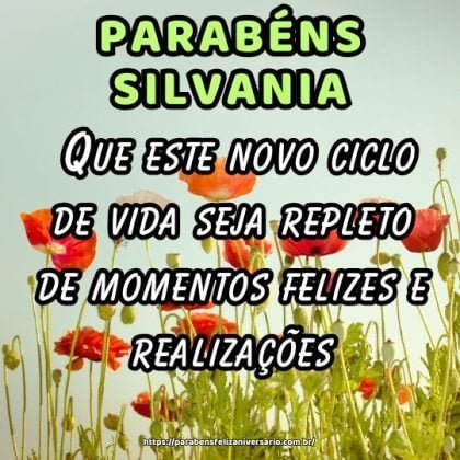 Parabéns Silvania! Que este novo ciclo de vida seja repleto de momentos felizes e realizações, pois você é uma pessoa única e especial. Sua simpatia e generosidade fazem a diferença, pois você sempre está disposta a ajudar e fazer o bem. Parabéns Silvania! Que este novo ciclo de vida seja repleto de momentos felizes e realizações, pois você é uma pessoa única e especial. Sua simpatia e generosidade fazem a diferença, pois você sempre está disposta a ajudar e fazer o bem.