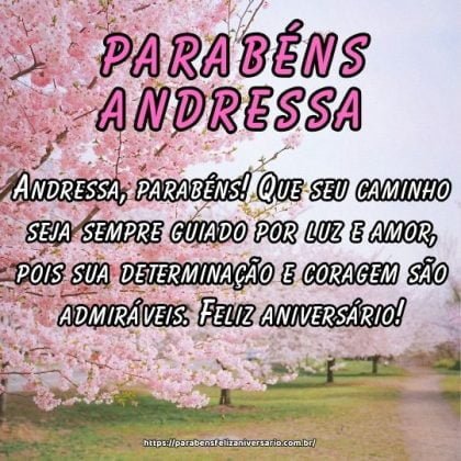 Andressa, parabéns! Que seu caminho seja sempre guiado por luz e amor, pois sua determinação e coragem são admiráveis. Feliz aniversário! Andressa, parabéns! Que seu caminho seja sempre guiado por luz e amor, pois sua determinação e coragem são admiráveis. Feliz aniversário!