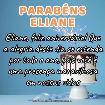Eliane, feliz aniversário! Que a alegria deste dia se estenda por todo o ano, pois você é uma presença maravilhosa em nossas vidas. Eliane, feliz aniversário! Que a alegria deste dia se estenda por todo o ano, pois você é uma presença maravilhosa em nossas vidas.