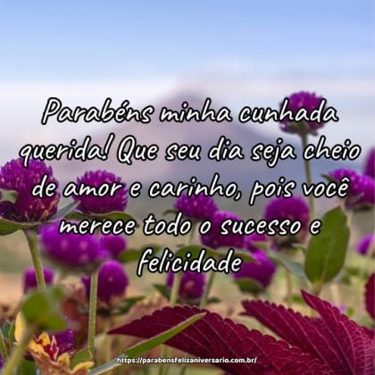 Parabéns minha cunhada querida! Que seu dia seja cheio de amor e carinho, pois você merece todo o sucesso e felicidade. Parabéns minha cunhada querida! Que seu dia seja cheio de amor e carinho, pois você merece todo o sucesso e felicidade.