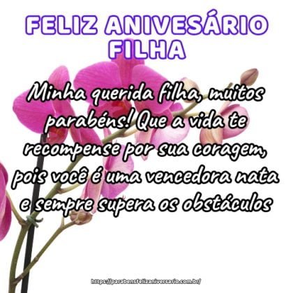 Minha querida filha, muitos parabéns! Que a vida te recompense por sua coragem, pois você é uma vencedora nata e sempre supera os obstáculos. Minha querida filha, muitos parabéns! Que a vida te recompense por sua coragem, pois você é uma vencedora nata e sempre supera os obstáculos.