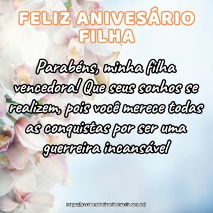 Parabéns, minha filha vencedora! Que seus sonhos se realizem, pois você merece todas as conquistas por ser uma guerreira incansável. Parabéns, minha filha vencedora! Que seus sonhos se realizem, pois você merece todas as conquistas por ser uma guerreira incansável.