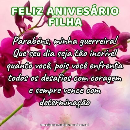 Parabéns, minha guerreira! Que seu dia seja tão incrível quanto você, pois você enfrenta todos os desafios com coragem e sempre vence com determinação. Parabéns, minha guerreira! Que seu dia seja tão incrível quanto você, pois você enfrenta todos os desafios com coragem e sempre vence com determinação.