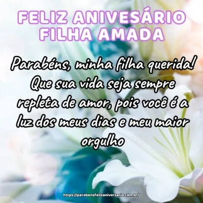 Parabéns, minha filha querida! Que sua vida seja sempre repleta de amor, pois você é a luz dos meus dias e meu maior orgulho. Parabéns, minha filha querida! Que sua vida seja sempre repleta de amor, pois você é a luz dos meus dias e meu maior orgulho.