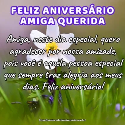 Amiga, neste dia especial, quero agradecer por nossa amizade, pois você é aquela pessoa especial que sempre traz alegria aos meus dias. Feliz aniversário! Amiga, neste dia especial, quero agradecer por nossa amizade, pois você é aquela pessoa especial que sempre traz alegria aos meus dias. Feliz aniversário!