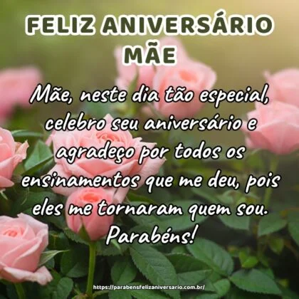 Mãe, neste dia tão especial, celebro seu aniversário e agradeço por todos os ensinamentos que me deu, pois eles me tornaram quem sou. Parabéns!