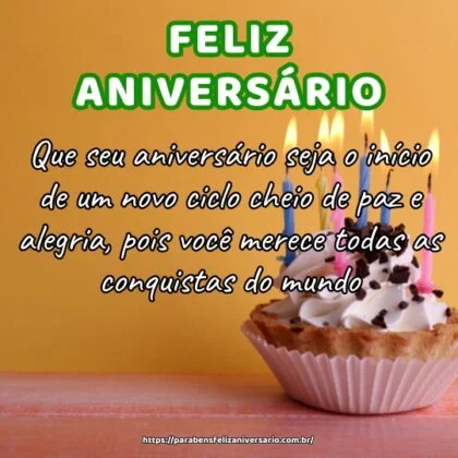 Que seu aniversário seja o início de um novo ciclo cheio de paz e alegria, pois você merece todas as conquistas do mundo. Que seu aniversário seja o início de um novo ciclo cheio de paz e alegria, pois você merece todas as conquistas do mundo.