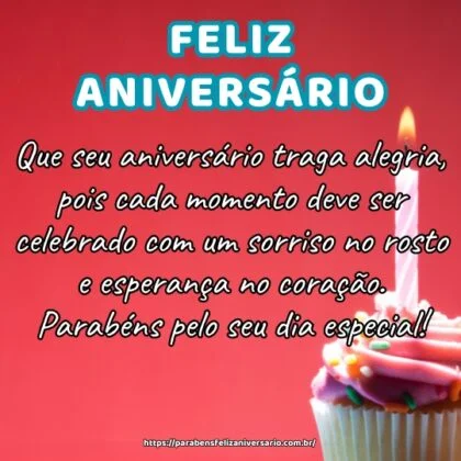 Que seu aniversário traga alegria, pois cada momento deve ser celebrado com um sorriso no rosto e esperança no coração. Parabéns pelo seu dia especial! Que seu aniversário traga alegria, pois cada momento deve ser celebrado com um sorriso no rosto e esperança no coração. Parabéns pelo seu dia especial!