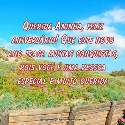 Querida Aninha, feliz aniversário! Que este novo ano traga muitas conquistas, pois você é uma pessoa especial e muito querida. Querida Aninha, feliz aniversário! Que este novo ano traga muitas conquistas, pois você é uma pessoa especial e muito querida.