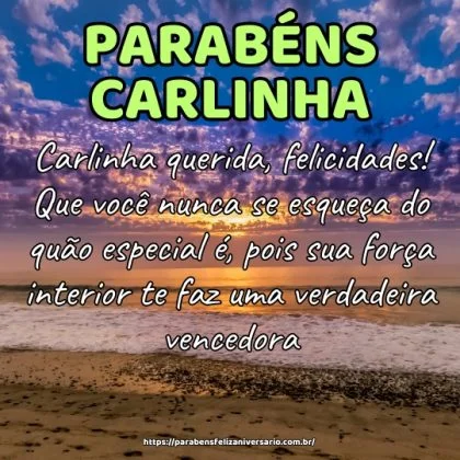 Carlinha querida, felicidades! Que você nunca se esqueça do quão especial é, pois sua força interior te faz uma verdadeira vencedora. Carlinha querida, felicidades! Que você nunca se esqueça do quão especial é, pois sua força interior te faz uma verdadeira vencedora.