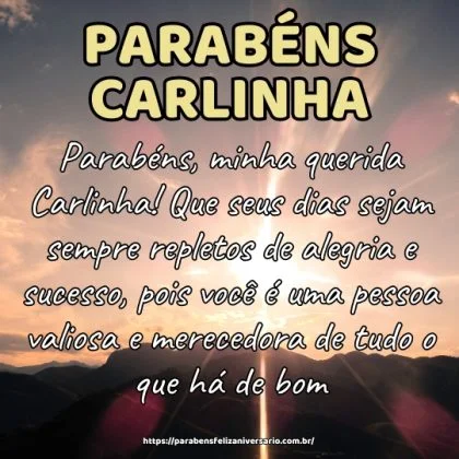 Parabéns, minha querida Carlinha! Que seus dias sejam sempre repletos de alegria e sucesso, pois você é uma pessoa valiosa e merecedora de tudo o que há de bom. Parabéns, minha querida Carlinha! Que seus dias sejam sempre repletos de alegria e sucesso, pois você é uma pessoa valiosa e merecedora de tudo o que há de bom.