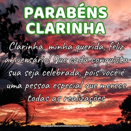 Clarinha, minha querida, feliz aniversário! Que cada conquista sua seja celebrada, pois você é uma pessoa especial que merece todas as realizações. Clarinha, minha querida, feliz aniversário! Que cada conquista sua seja celebrada, pois você é uma pessoa especial que merece todas as realizações.