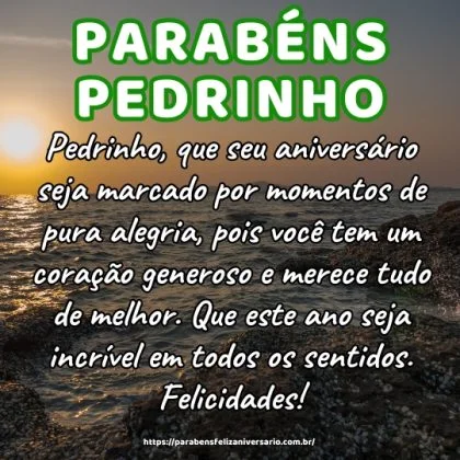 Pedrinho, que seu aniversário seja marcado por momentos de pura alegria, pois você tem um coração generoso e merece tudo de melhor. Que este ano seja incrível em todos os sentidos. Felicidades!