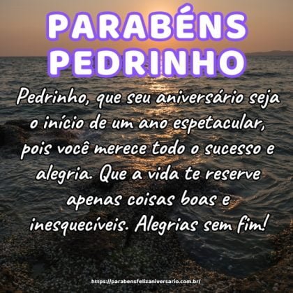 Pedrinho, que seu aniversário seja o início de um ano espetacular, pois você merece todo o sucesso e alegria. Que a vida te reserve apenas coisas boas e inesquecíveis. Alegrias sem fim! Pedrinho, que seu aniversário seja o início de um ano espetacular, pois você merece todo o sucesso e alegria. Que a vida te reserve apenas coisas boas e inesquecíveis. Alegrias sem fim!