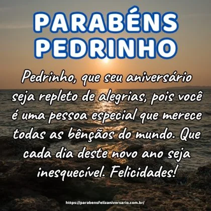 Pedrinho, que seu aniversário seja repleto de alegrias, pois você é uma pessoa especial que merece todas as bênçãos do mundo. Que cada dia deste novo ano seja inesquecível. Felicidades!
