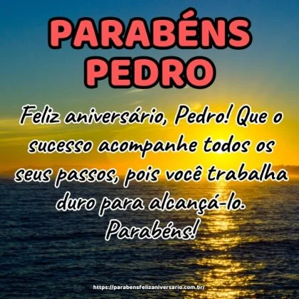 Feliz aniversário, Pedro! Que o sucesso acompanhe todos os seus passos, pois você trabalha duro para alcançá-lo. Parabéns! Feliz aniversário, Pedro! Que o sucesso acompanhe todos os seus passos, pois você trabalha duro para alcançá-lo. Parabéns!