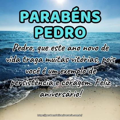 Pedro, que este ano novo de vida traga muitas vitórias, pois você é um exemplo de persistência e coragem. Feliz aniversário! Pedro, que este ano novo de vida traga muitas vitórias, pois você é um exemplo de persistência e coragem. Feliz aniversário!