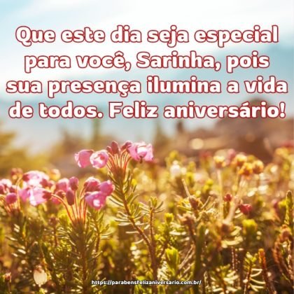 Que este dia seja especial para você, Sarinha, pois sua presença ilumina a vida de todos. Feliz aniversário! Que este dia seja especial para você, Sarinha, pois sua presença ilumina a vida de todos. Feliz aniversário!