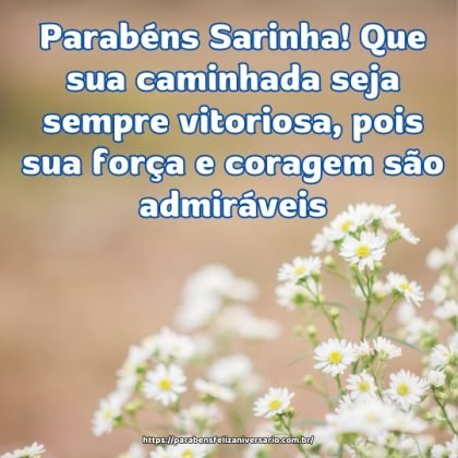 Parabéns Sarinha! Que sua caminhada seja sempre vitoriosa, pois sua força e coragem são admiráveis Parabéns Sarinha! Que sua caminhada seja sempre vitoriosa, pois sua força e coragem são admiráveis