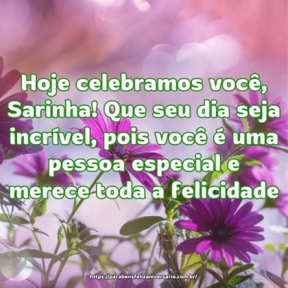 Hoje celebramos você, Sarinha! Que seu dia seja incrível, pois você é uma pessoa especial e merece toda a felicidade. Hoje celebramos você, Sarinha! Que seu dia seja incrível, pois você é uma pessoa especial e merece toda a felicidade.