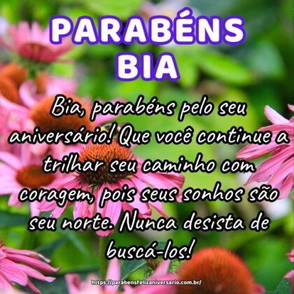 Bia, parabéns pelo seu aniversário! Que você continue a trilhar seu caminho com coragem, pois seus sonhos são seu norte. Nunca desista de buscá-los! Bia, parabéns pelo seu aniversário! Que você continue a trilhar seu caminho com coragem, pois seus sonhos são seu norte. Nunca desista de buscá-los!