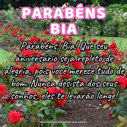 Parabéns, Bia! Que seu aniversário seja repleto de alegria, pois você merece tudo de bom. Nunca desista dos seus sonhos, eles te levarão longe! Parabéns, Bia! Que seu aniversário seja repleto de alegria, pois você merece tudo de bom. Nunca desista dos seus sonhos, eles te levarão longe!