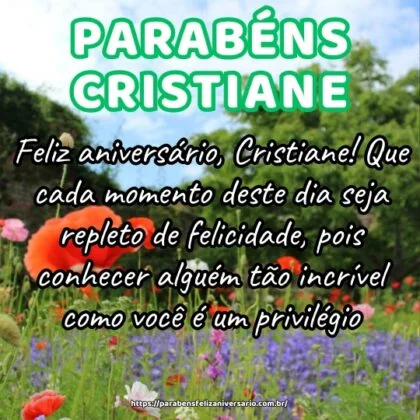 Feliz aniversário, Cristiane! Que cada momento deste dia seja repleto de felicidade, pois conhecer alguém tão incrível como você é um privilégio.