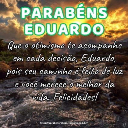 Que o otimismo te acompanhe em cada decisão, Eduardo, pois seu caminho é feito de luz e você merece o melhor da vida. Felicidades! Que o otimismo te acompanhe em cada decisão, Eduardo, pois seu caminho é feito de luz e você merece o melhor da vida. Felicidades!