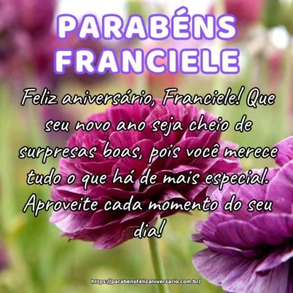 Feliz aniversário, Franciele! Que seu novo ano seja cheio de surpresas boas, pois você merece tudo o que há de mais especial. Aproveite cada momento do seu dia! Feliz aniversário, Franciele! Que seu novo ano seja cheio de surpresas boas, pois você merece tudo o que há de mais especial. Aproveite cada momento do seu dia!