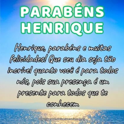 Henrique, parabéns e muitas felicidades! Que seu dia seja tão incrível quanto você é para todos nós, pois sua presença é um presente para todos que te conhecem. Henrique, parabéns e muitas felicidades! Que seu dia seja tão incrível quanto você é para todos nós, pois sua presença é um presente para todos que te conhecem.