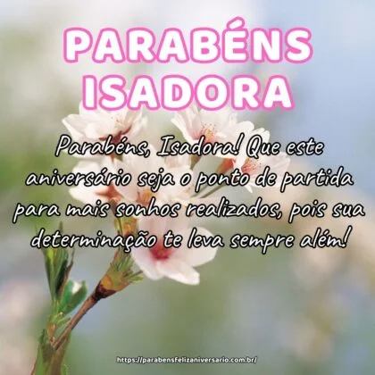 Parabéns, Isadora! Que este aniversário seja o ponto de partida para mais sonhos realizados, pois sua determinação te leva sempre além! Parabéns, Isadora! Que este aniversário seja o ponto de partida para mais sonhos realizados, pois sua determinação te leva sempre além!